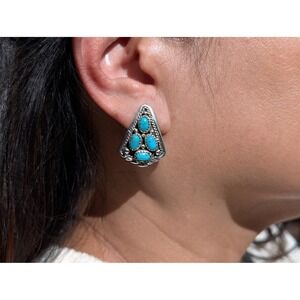 Navajo Turquoise Stone Stud Earrings Sterling Silver Handmade Women's Jewelry **